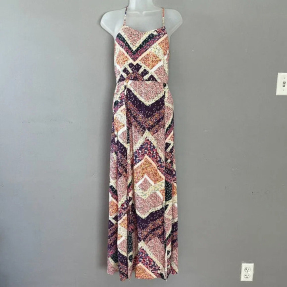 H & M Handkerchief Maxi Dress Sleeveless Size 4 Side Slit Patchwork Print‎ Boho